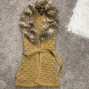 BKE Mustard Knit Belted Vest with Faux Fur Collar